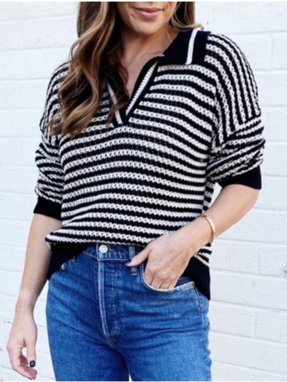 525 America Black Cream Striped Collared Coastal Polo Sweater - Picture 2 of 10